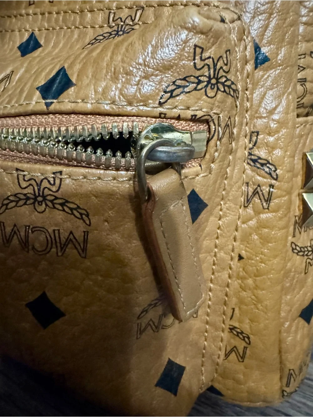 MCM Mini Stark Side Studs Backpack Visetos Cognac With Matching Wallet